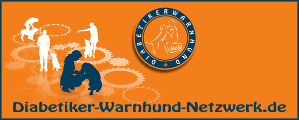 Auf diesem Bild ist das Logo des Diabetikerwarnhunde-Netzwerkes abgebildet. Es ist in den Farben orange und blau gehalten und zeigt fünf Personen in Shilouette mit ihren Hunden.